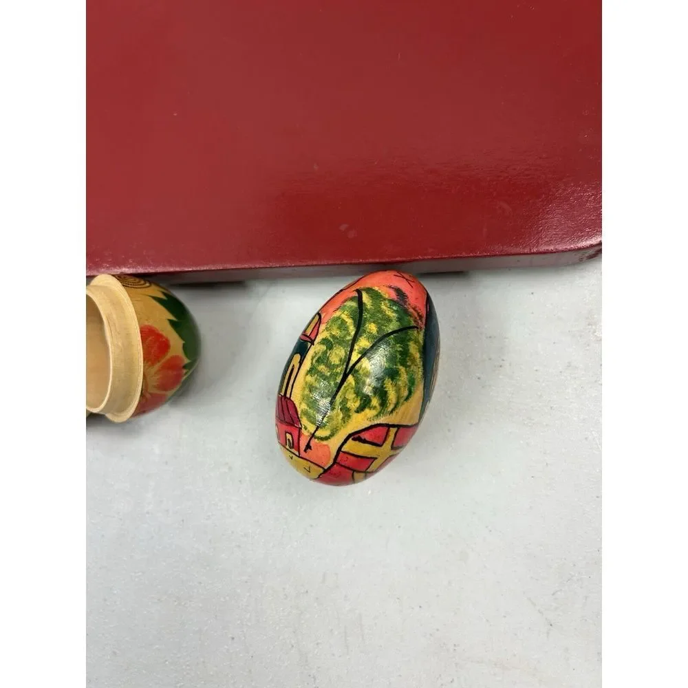 Matching Set Of 2‎ Lacquer Easter Egg Russian 1970s Wooden One Opens Trinket Box
